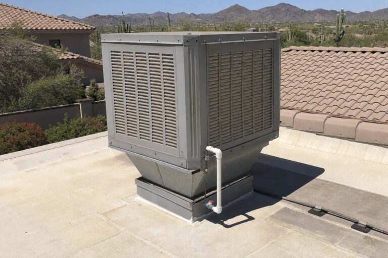 A gray evaporative cooler on a flat rooftop with desert landscaping and mountains in the background.