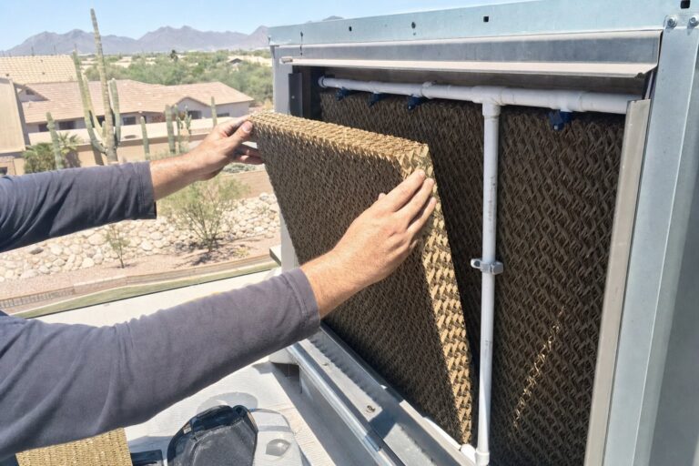 Hands installing a new pad in a rooftop evaporative cooler with a desert neighborhood and mountains in the background.