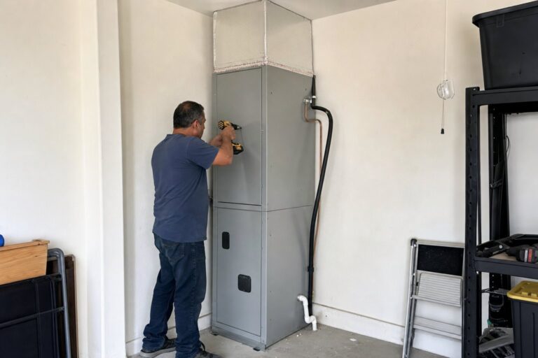 HVAC technician drilling into a new gray indoor air handler unit in a garage, with refrigerant lines and drain pipe visible.