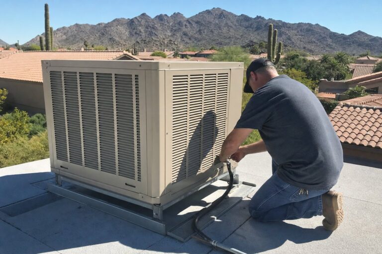 HVAC technician kneeling on a rooftop connecting the water line to a beige evaporative swamp cooler, desert mountains in the background.
