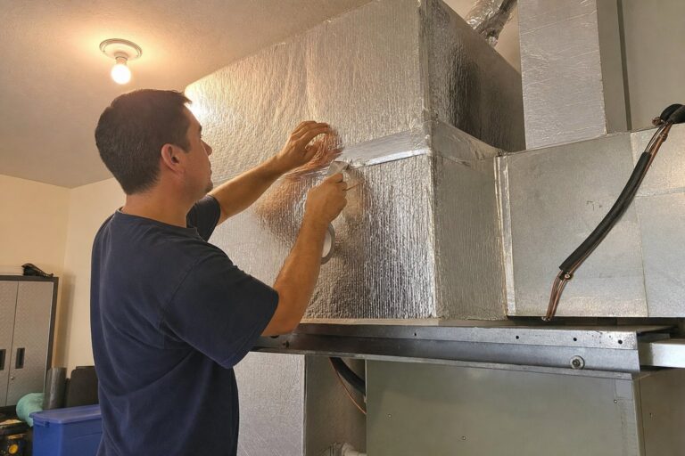 HVAC technician sealing insulated ductwork with foil tape in a residential garage, ensuring an airtight connection.