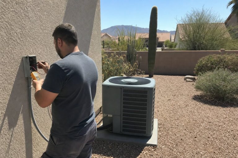 HVAC technician uses a multimeter to test the electrical disconnect box next to an outdoor AC condenser unit in a desert backyard.