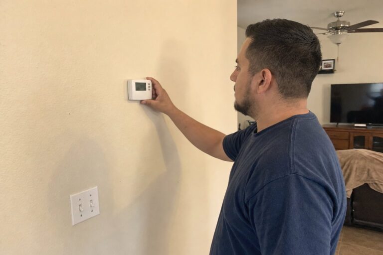 A man adjusts a white digital thermostat on a light-colored wall in a residential interior.