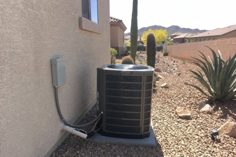 A newly installed residential outdoor AC condenser unit sits on a concrete pad next to a stucco house with desert landscaping