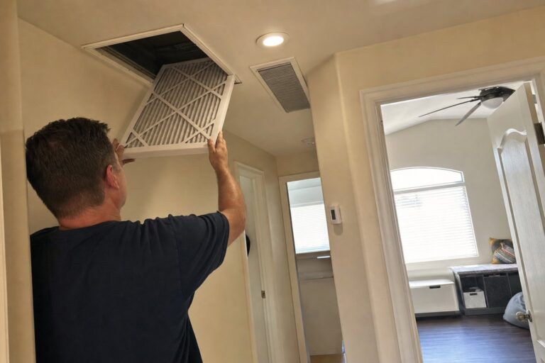 A person installs a clean air filter into a ceiling return vent in a residential hallway.