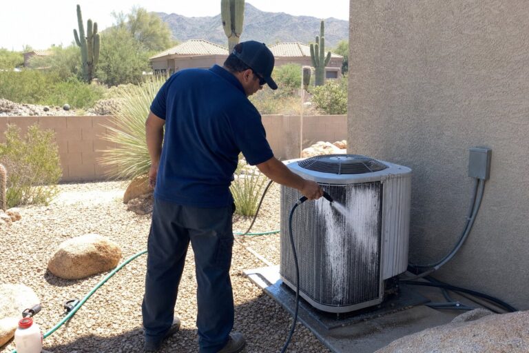 A technician in a blue shirt and cap sprays water to clean the dirty outdoor condenser unit of an air conditioner in a desert