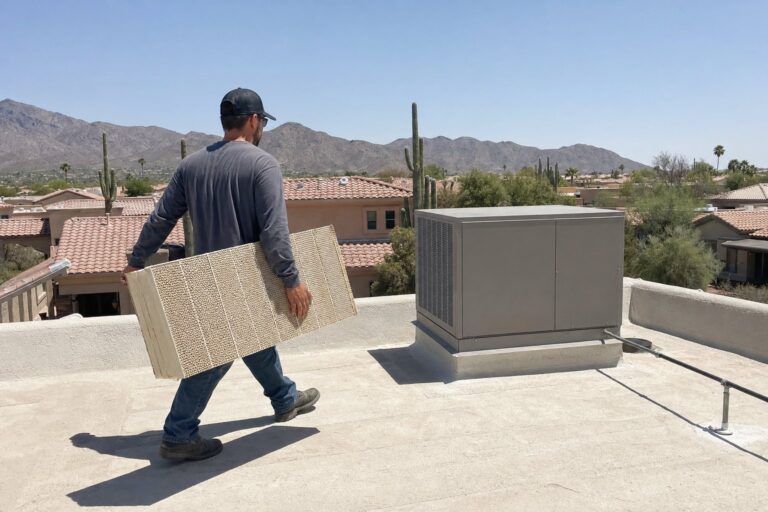 Technician carrying new evaporative cooler pads across a flat roof toward a rooftop swamp cooler, desert mountains in the background.