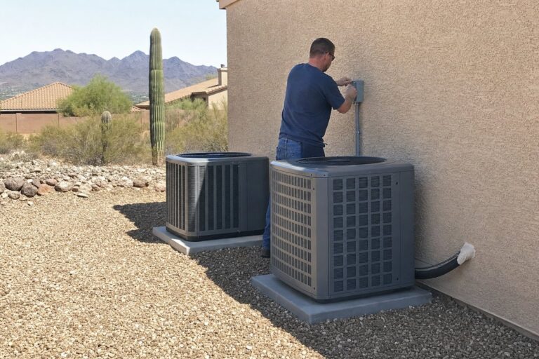 A technician connects electrical wiring to a disconnect box next to two new outdoor air conditioning units in a desert landscape.
