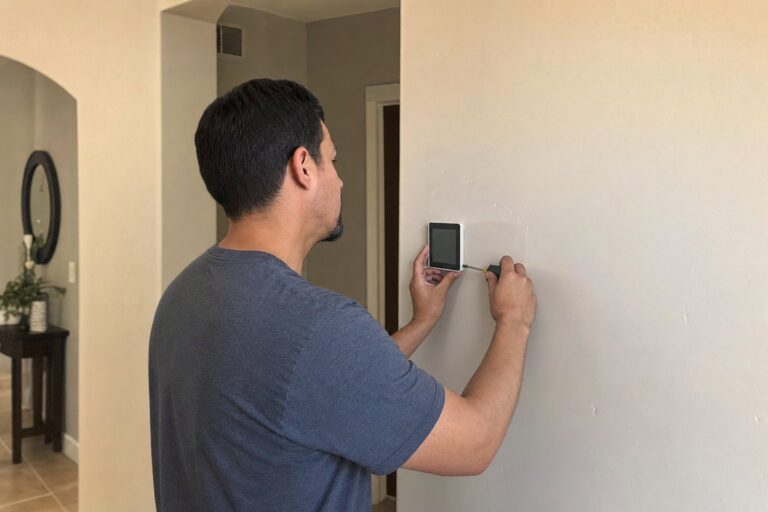 A technician installs a white smart thermostat on a wall in a residential hallway, holding it with one hand and using a screwdriver.