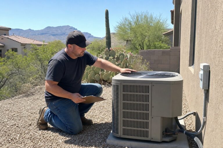 A technician kneels beside an outdoor residential AC unit in a desert landscape, holding a clipboard and inspecting the condenser.
