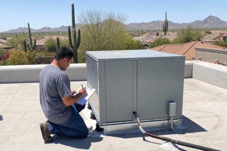 A technician kneels on a sunny rooftop, writing on a clipboard next to a gray HVAC package unit. Desert mountains and cacti are in the background.
