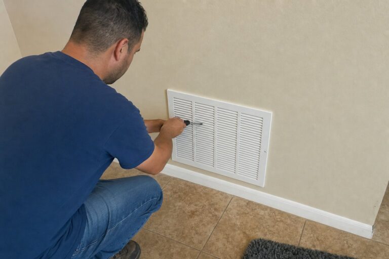 A technician kneels, using a screwdriver to open or adjust a white air return vent on a wall in a residential setting.