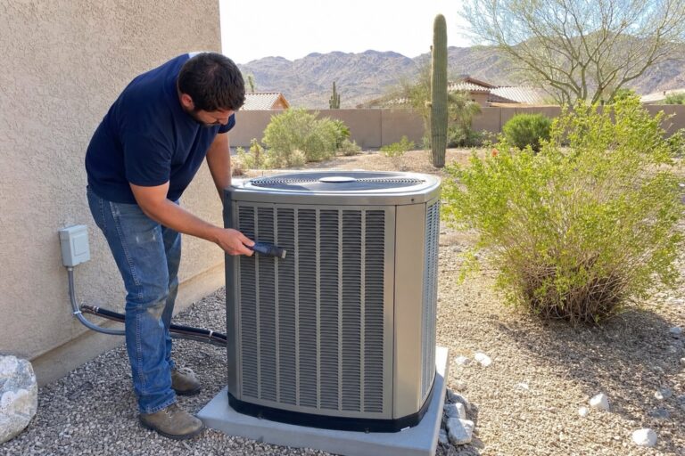 A technician uses a fin comb to straighten the fins on an outdoor air conditioning condenser unit in a desert landscape.