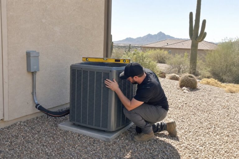 A technician uses a level to check a newly installed outdoor AC condenser unit in a desert landscape with mountains and cacti.