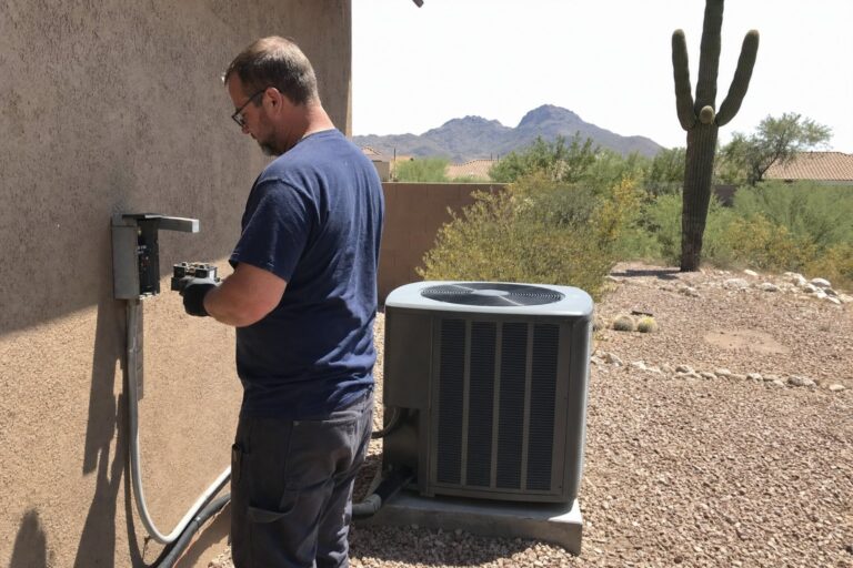 A technician works on an electrical disconnect box next to an outdoor air conditioning unit in a desert backyard.