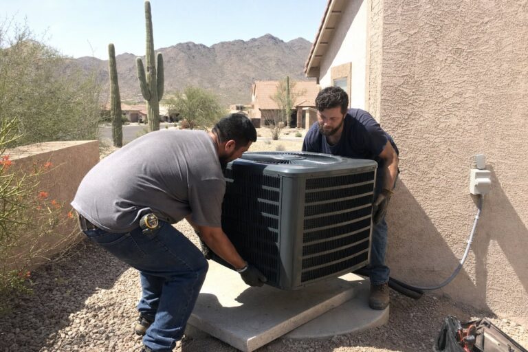 Two HVAC technicians in a desert setting carefully lift a new outdoor air conditioning condenser unit onto a concrete pad.