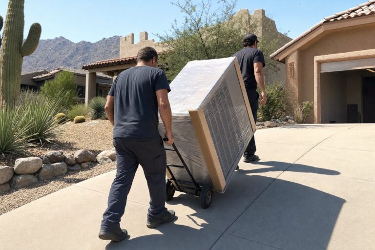 Two HVAC technicians move a new, shrink-wrapped package unit on a hand truck up a residential driveway in a desert setting.